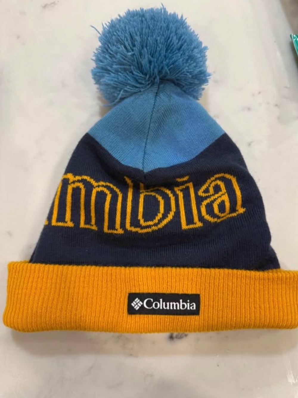 Columbia Blue Navy Yellow Pom-Pom Beanie Omni Heat Infinity